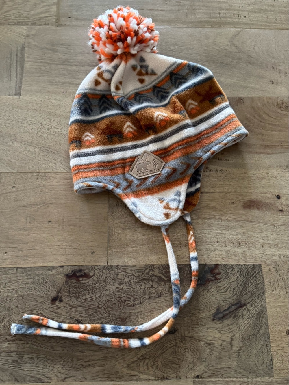 Souris Mini Kids Orange & Gray Fleece Pom Hat with Earflaps sz M/L
